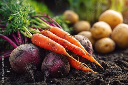 Generative AI. Freshly harvested carrots and beets resting on rich soil, surrounded by potatoes, showcasing vibrant colors and organic textures in a natural garden setting