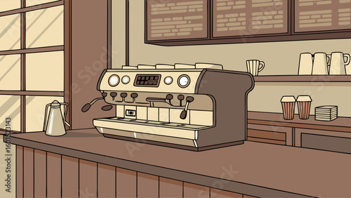 Illustrated Coffee Shop Scene Featuring Espresso Machine and Supplies.