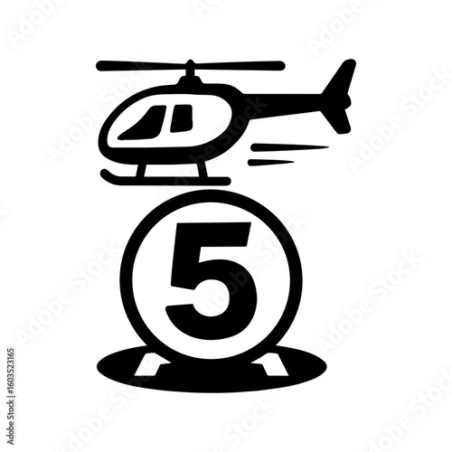 Helicopter hovering over number 5 helipad landing zone icon
