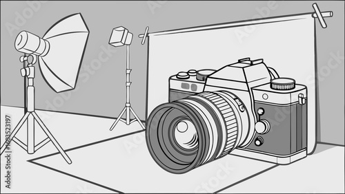 Illustrated Photography Studio Setup with Camera and Lighting Equipment.