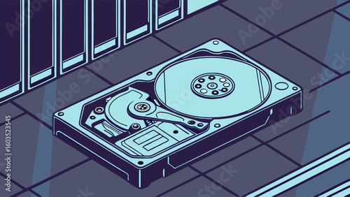 Isometric Illustration of an Open Hard Disk Drive on a Tiled Surface.