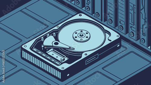 Isometric Illustration of a Computer Hard Drive and Components.