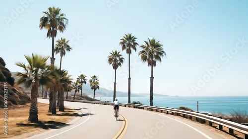 Person Cycling Along Scenic Coastal Road with Palm Trees and Ocean View