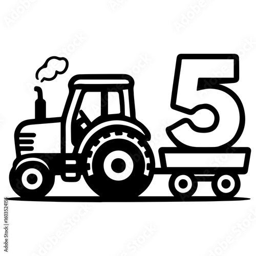 Tractor towing number 5 on trailer – fifth birthday farm celebration icon
