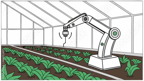 Robotic Arm Cultivating Plants in a Greenhouse.