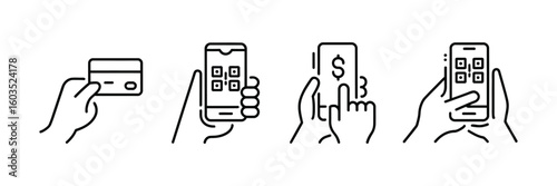 Mobile Payment Line Icon Set,  Smartphone Money Transfer with QR Code and Online Transaction Symbols in Outline Style

