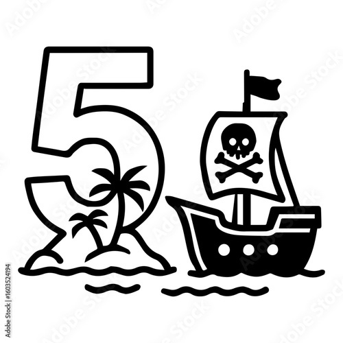Pirate ship sailing past island shaped like number 5 – fifth birthday adventure party icon

