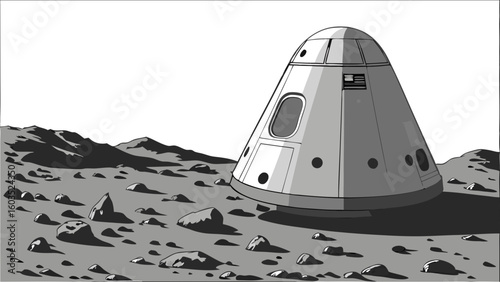 Spacecraft Capsule Landed on a Rocky Lunar Surface.