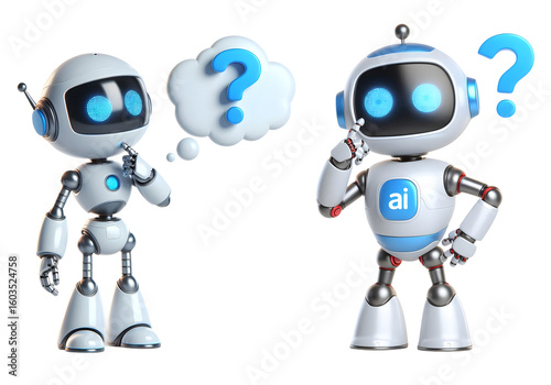 Friendly AI Robots Characters in Thinking with a question mark above its head Poses isolated on white background.png