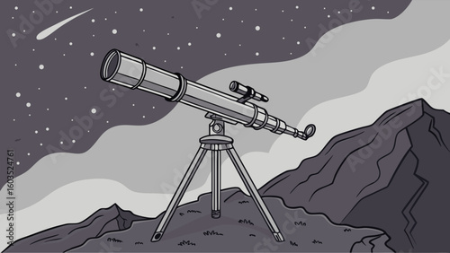 Telescope on Mountaintop Under Starry Night Sky.