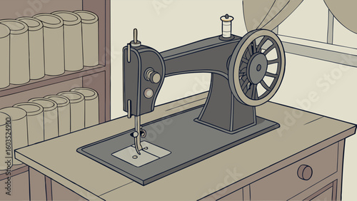 Vintage Sewing Machine on a Wooden Table with Spools.