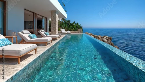 A luxurious infinity pool overlooking the vast ocean with sunbeds on a sunny day
