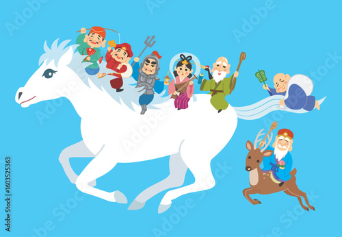 年賀状素材イラスト　午年　白馬　七福神