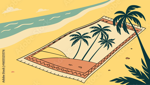 Beach Scene with Palm Trees on a Rug Illustration.