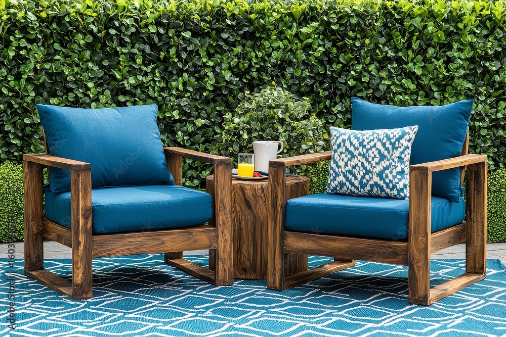 Fototapeta premium Outdoor seating set with two blue cushioned chairs and end table on geometric rug, wooden frame and green hedge backdrop