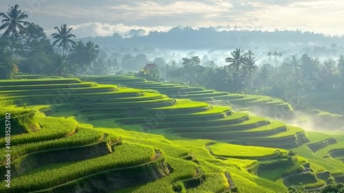 Lush terraced rice fields bathed in soft sunlight, showcasing nature's harmony