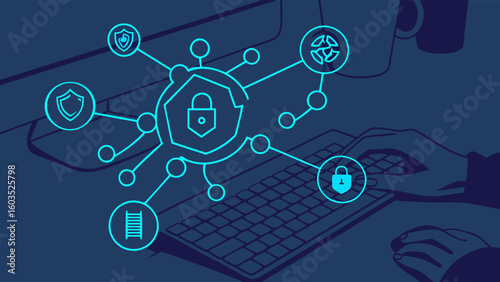 Cybersecurity Network with Computer Keyboard and Hands.