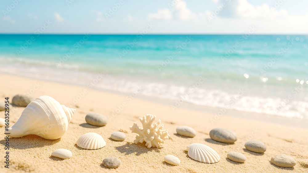Peaceful Coastal Scene with Shells and Ocean Peaceful Coastal Scene with Shells and Ocean