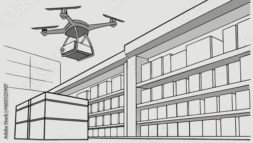 Drone Delivering Package Near Shelves in a Store.
