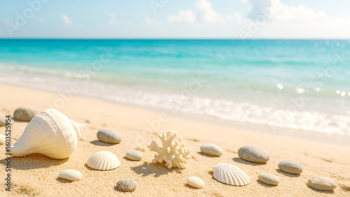 Peaceful Coastal Scene with Shells and Ocean