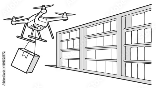 Drone delivering package to warehouse shelves illustration.