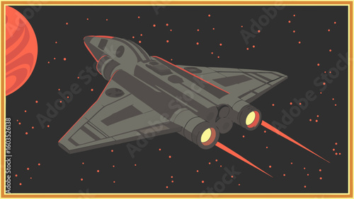 Futuristic Spaceship in Deep Space Near a Red Planet.