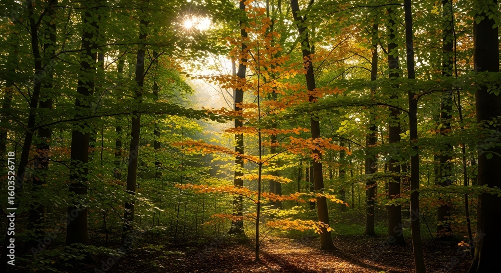 Obraz premium Autumn Forest Scene, Tranquil Landscape, Warm Light, Serene Environment, Inviting Perspective