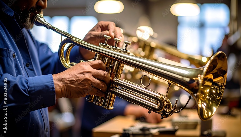 Obraz premium A man playing a trumpet in a workshop setting