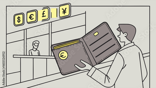 Man holding wallet with Euro symbol at currency exchange.