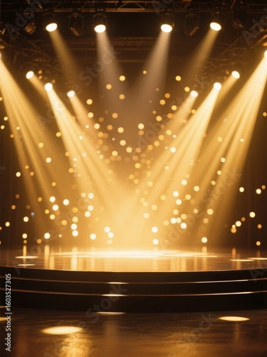 Spotlights illuminate a stage with golden bokeh effects, creating a vibrant performance atmosphere.