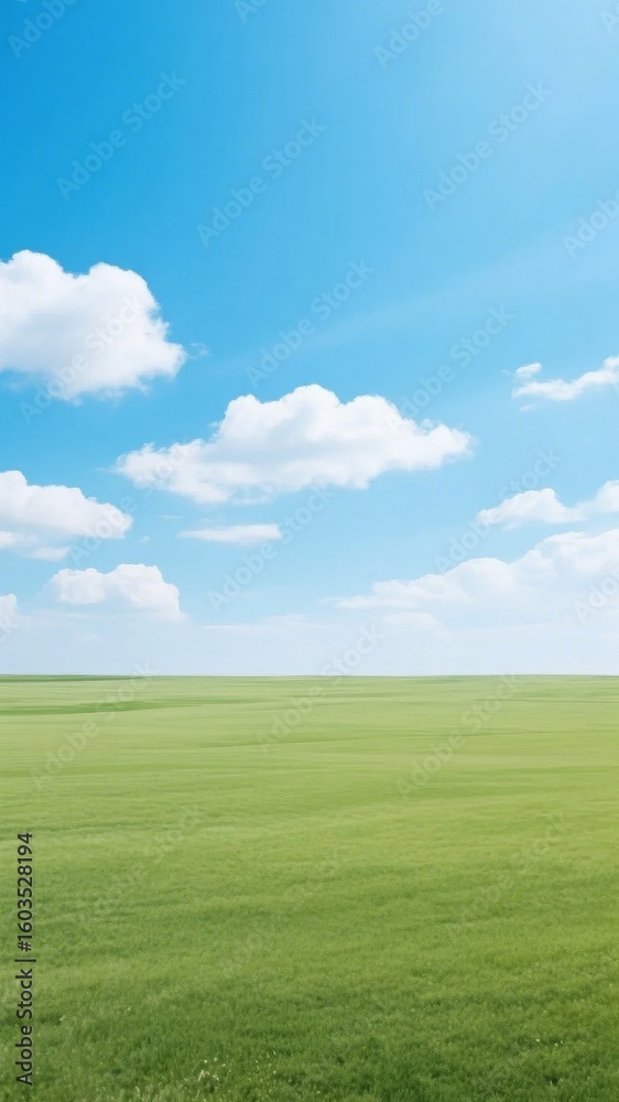 Vast Green Field Under a Clear Blue Sky with Scattered Clouds Vast Green Field Under a Clear Blue Sky with Scattered Clouds