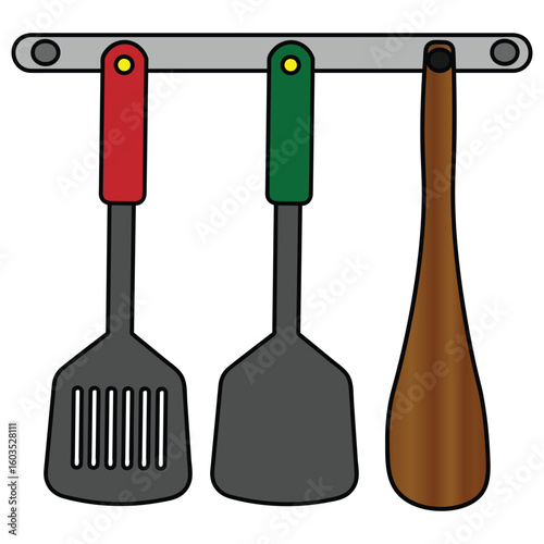 Hanging Kitchen Utensils Flat Vector – Cooking Tools Set with Spatula, Turner, and Ladle – Modern Kitchen Icon in Flat Style
