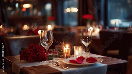 romantic dinner setup with candlelight, red roses centerpiece
