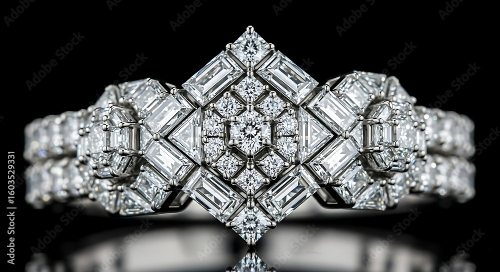 Obraz premium Exquisite Diamond Ring Set Showcasing Intricate Geometric Patterns and Sparkling Brilliance