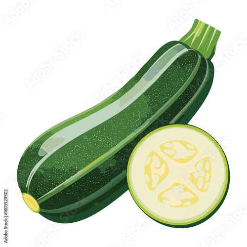 Fresh Green Zucchini with Cut Pieces - Vector Illustration