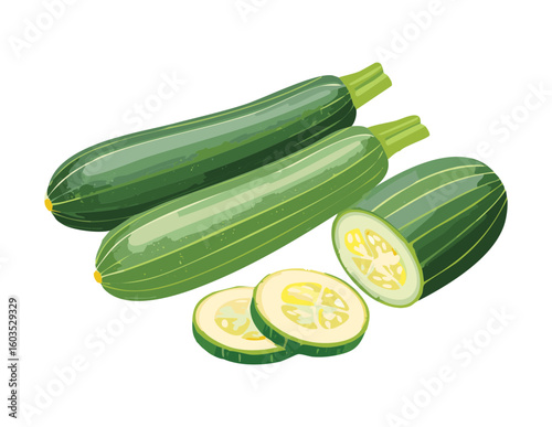 Pair of Green Zucchini and Slices - Vector Illustration
