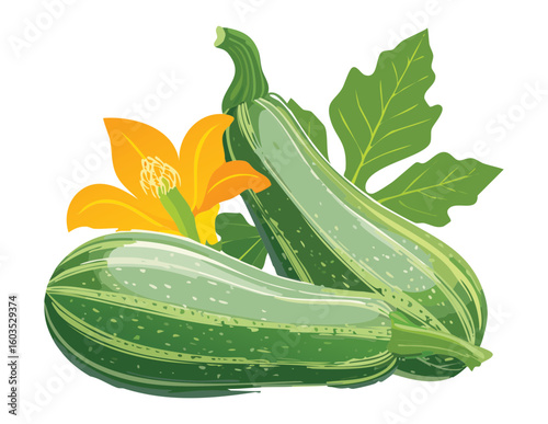 Organic Zucchini Leaves Blossom Fresh Harvest - Vector Illustration