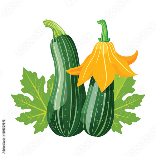 Fresh Zucchini Blossom Leaves Healthy Element - Vector Illustration