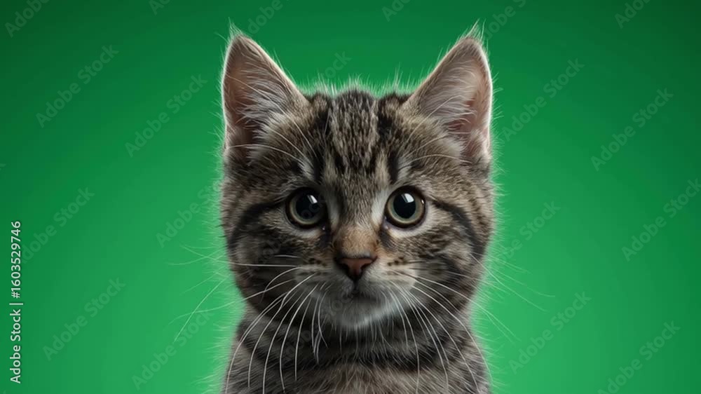 A tabby kitten raising its paw and looking directly at the camera against a green background green screen animal video