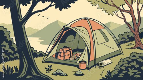 Camping Tent with Backpack and Gear in Nature Illustration.