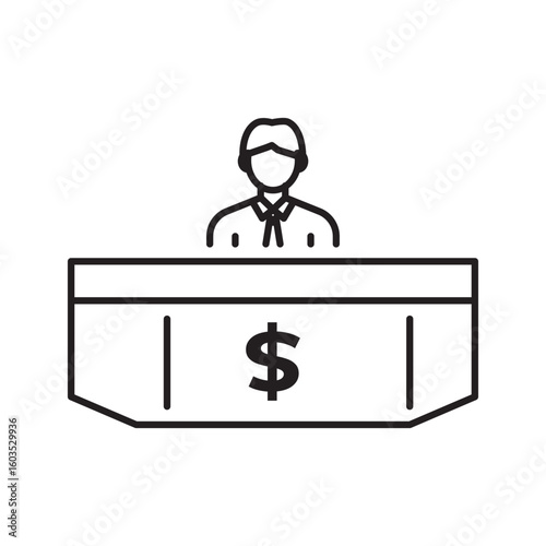 Minimalist line icon of a bank teller behind a counter with a dollar sign, perfect for banking services, financial transactions, savings, or cashier-related fintech app interfaces and websites.