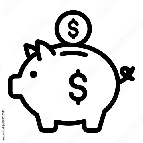 Piggy bank line icon with dollar coin for savings and investment concept.