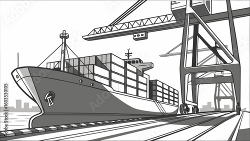 Cargo Ship at Port with Crane for International Shipping.