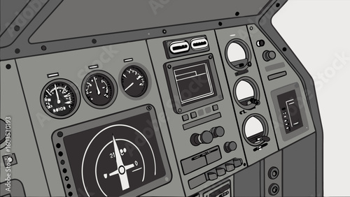 Cartoon Airplane Cockpit Dashboard with Gauges and Navigation Display.