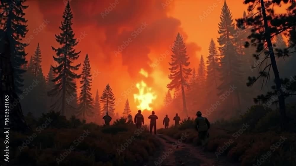 Forest Firefighters Confronting Blaze in a Coniferous Forest.