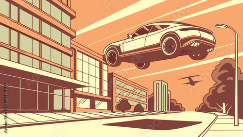 Futuristic Flying Car Above Cityscape.