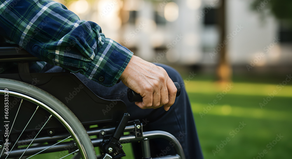 Fototapeta premium Elderly Hand Gripping Wheelchair Wheel on Green Grass in Sunlight With Plaid Shirt