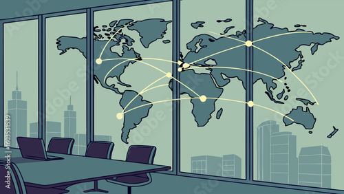 Global Business Connections Illustrated in Modern Office Setting.