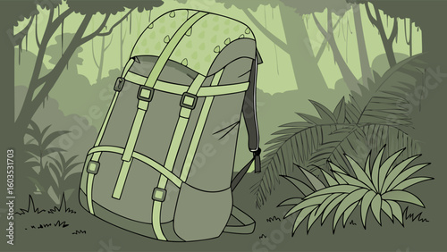Green Hiking Backpack in a Lush Jungle Setting.