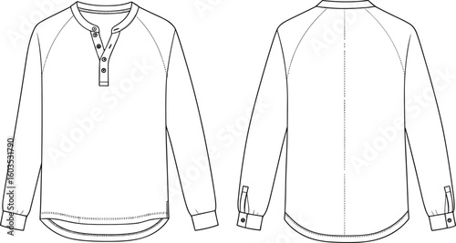 Raglan sleeve henley shirt front and back technical sketch, long sleeve casual top fashion cad drawing, vector illustration design